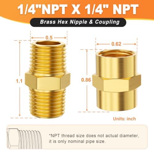 GASHER 4PCS Metals Brass Pipe Fitting, Hex Nipple Brass Hex Coupler, 1/4" x 1/4" NPT Male Thread Pipe, 1/4Inch x 1/4Inch NPT Female Thread Pipe