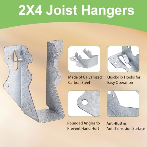 35 Pack Steel 2x4 Joist Hangers for Wood, Galvanized Face Mount Bracket | 20 Gauge Double Shear Face Mount Joist Hanger for Wood Rafter Pergolas, Floor Deck and Ceiling Joists