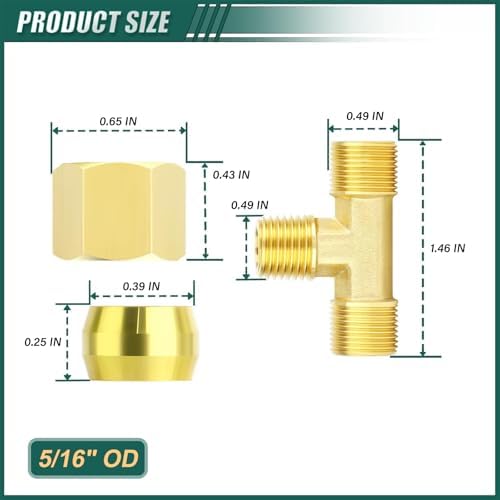 5PCS Brass Tee Compression Tube Fitting, 5/16" OD