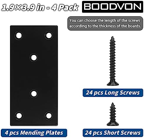 Mending Plate, Metal Steel Flat Straight Brace Bracket, Black Double-Wide Joining Plate for Wood Furniture Fastening & Fixing with 2 Sets of Screws of Different Lengths(48x100mm, 4 Pack)
