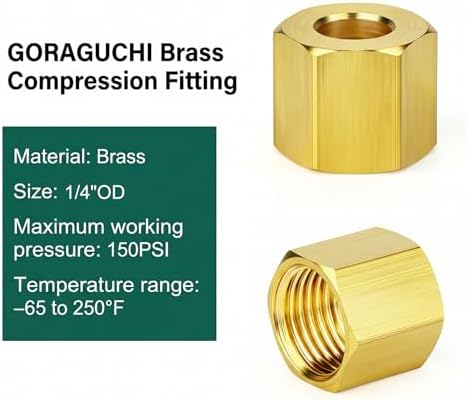 20PCS Brass Compression Nuts Fitting, 1/4"
