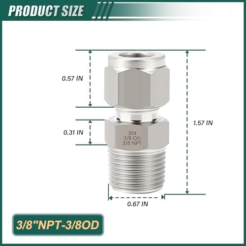 5PCS 304 Forging of Stainless Steel Compression Tube Pipe Fitting Connector, 3/8" Tube OD x 3/8" NPT Male Straight Adapter for fuel/air/liquid/oil/gas/vacuum pipelines