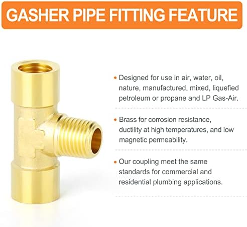 GASHER 2PCS Brass 3 Way Pipe Fitting Male Branch Tee T Adapter 1/4" NPT Female x 1/4" NPT Male x 1/4" NPT Female