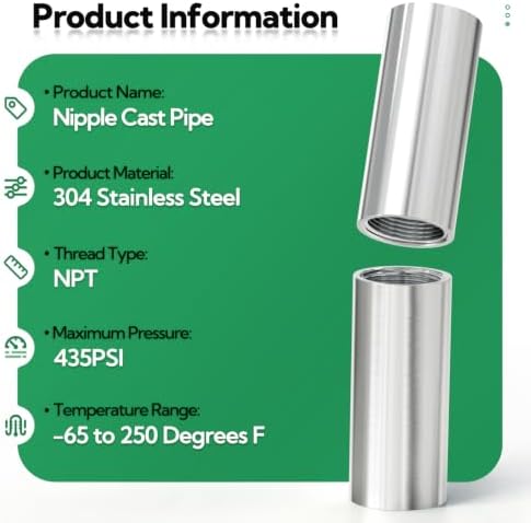 TAISHER 4Pcs 304 SS Nipple Cast Pipe Fitting, 1/2" NPT Female, 2" Length