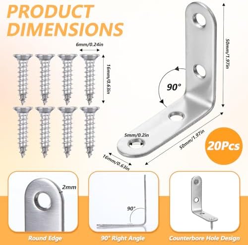 20 Pcs L Bracket Corner Braces 2 Inch Stainless Steel Heavy Duty Shelf Bracket for Wood Shelves, Wall Hanging Support 90 Degree Joint Right Angle Brackets with Screws