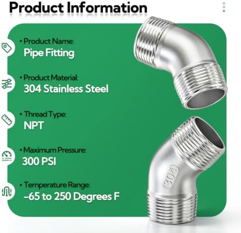 TAISHER 2PCS 304 Stainless Steel 45 Degree elbow,3/4” NPT Male Pipe Fitting