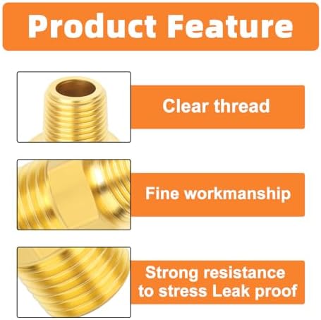 GASHER Brass Reducing Hex Nipples,3/8 Inch NPT Male x 1/4 Inch NPT Male Brass Pipe Adapter Fittings Reducing Nipples Connector（8Pcs）
