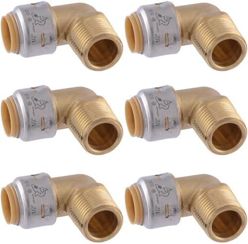 SharkBite Max 1/2 x 1/2 Inch 90-Degree Male Adapter Elbow, Pack of 6, Push-to-Connect Brass Plumbing Fitting, UR280