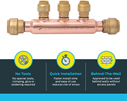 SharkBite 3/4 Inch x 1/2 Inch Outlet 3 Port Open Multi-Port Tee, Push to Connect Brass Plumbing Fittings, PEX Pipe, Copper, PVC, 25552LF