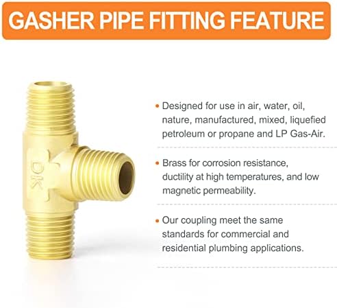 GASHER 5PCS Brass 3 Way, 1/4" x 1/4" x 1/4" NPT Male Tee Pipe Fittings