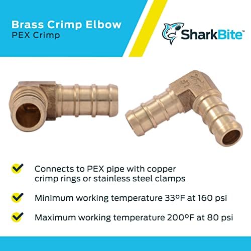 SharkBite 3/8 Inch Crimp 90 Degree Elbow, Brass Plumbing Fitting, PEX Pipe, PE-RT, UC246LFA