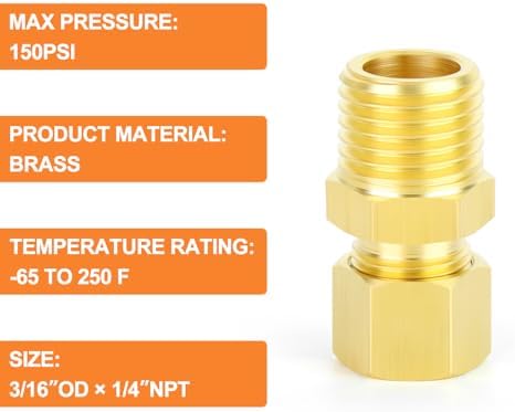 GASHER 5PCS Brass Compression Tube Pipe Fitting Connector, 3/16" Tube OD x 1/4" NPT Male Connector