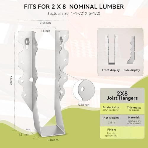 25 pcs 2x8 Joist Hanger,LU28 18 Gauge Galvanizing Face Mount Joist Hangers for Wood,Hurricane Tie for Rafter Fits Truss Connectors Rafter Hangers 2x8 Great for Floor Deck and Ceiling Joists