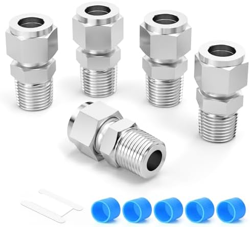 5PCS 304 Forging of Stainless Steel Compression Tube Pipe Fitting Connector, 1/4" Tube OD x 1/4" NPT Male Straight Adapter for fuel/air/liquid/oil/gas/vacuum pipelines