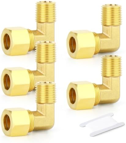 GASHER 5PCS Brass 90 Degree Elbow Compression Tube Pipe Fitting Connector, 5/16" Tube OD x 1/4" NPT Male Connector