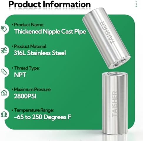 TAISHER 2Pcs 316 Thickened Nipple Cast Pipe,1/4" NPT Female, 2" Length