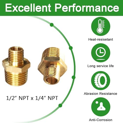 2pcs 1/2" NPT x 1/4" NPT Brass Nipple, 1/2 to 1/4 Adapter Fitting Reducing Solid Hex Brass Nipple, Brass 1/2 Male to 1/2 Male Reducer Brass Pipe Fittings for Extending and Connecting Pipes