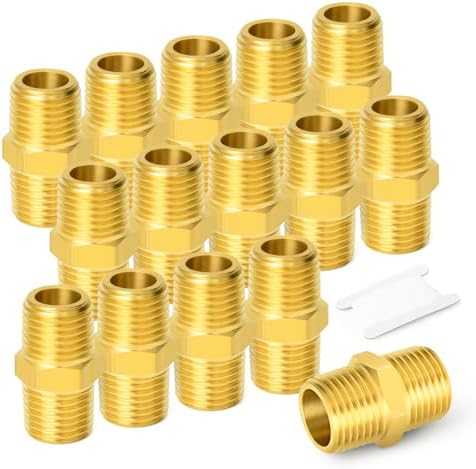 GASHER 15PCS Brass Pipe Fitting, Reducing Hex Nipple, 1/4-Inch Male Pipe x 1/4-Inch Male Pipe