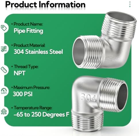 TAISHER 1PCS 304 Stainless Steel 90 Degree elbow,2" NPT Male × 2" NPT Male Thread Pipe Fitting