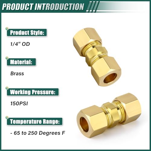 20PCS Brass Compression Tube Pipe Fittings, 1/4" OD