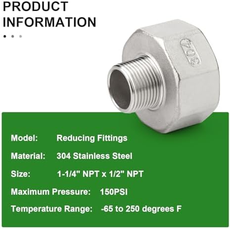 TAISHER 2PCS 304 Stainless Steel Pipe Fitting, Reducer Adapter, 1/2" NPT Male x 1-1/4" NPT Female