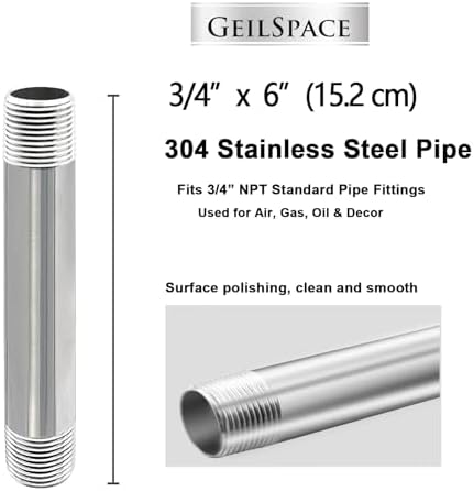 GeilSpace 3/4" x 6" 304 Stainless Steel Nipple Pipe Fitting, NPT Threaded