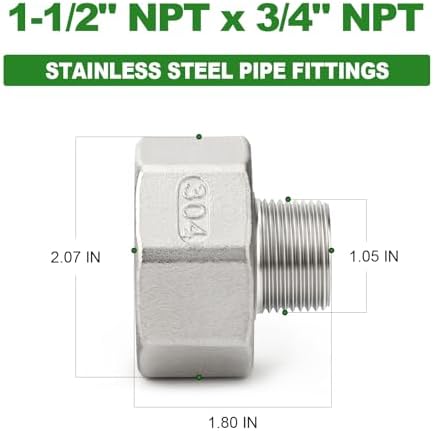 TAISHER 2PCS 304 Stainless Steel Pipe Fitting, Reducer Adapter, 3/4" NPT Male x 1-1/2" NPT Female