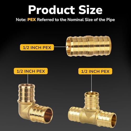 30 Pack 1/2" Pex Fittings Set, 10 Pcs Each Elbow, Tee and Coupling, Heavy-Duty Brass Crimp Fittings for PEX Pipes with Leak-Resistant Construction, NSF & UPC Certified
