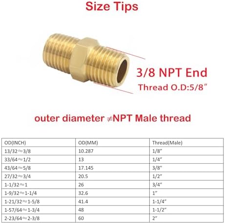 6 Pcs Brass Pipe fittings, 3/8" x 3/8" NPT Male Hex Nipple adapter coupler