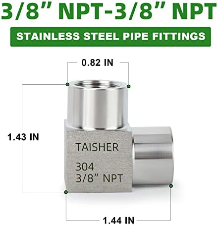 TAISHER 2PCS 304 Stainless Steel Square 90 Degree Barstock Street Elbow, 3/8 Inch NPT Female Pipe to 3/8 Inch NPT Female 304 Stainless Pipe Fitting