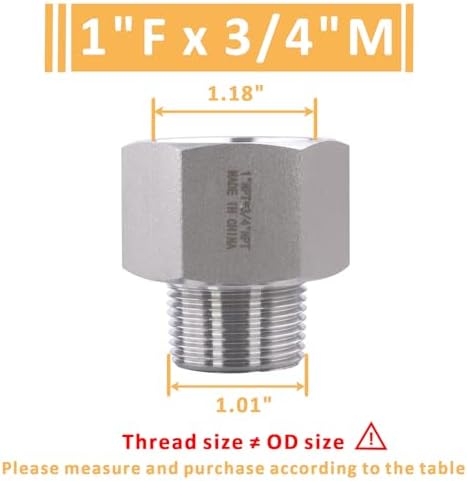 Forged Reducer Adapter Fitting - Stainless Steel 304 Reducing Pipe Connector, 1" NPT Female x 3/4" NPT Male (pack of 2)
