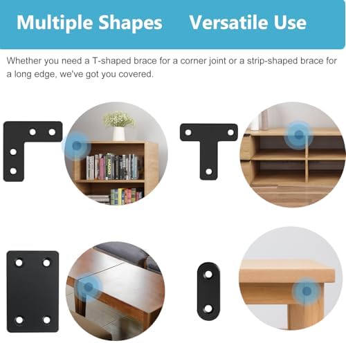 QSJ 22 Pack Straight Brace Stainless Steel Black Flat Brace Straight Corner Braces Straight Brackets Metal Flat Straight Mending Plates with Screws