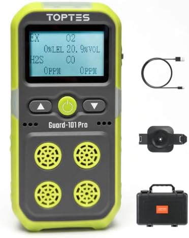 TopTes Guard-101Pro Gas Detector, 4 Gas Monitor for H2S, CO, LEL and O2, Upgraded 5-Year O2 Sensor, Vibration, Visual and Audible Alarms, 14-Hour Battery Life, Explosion-Proof, for Work and Home