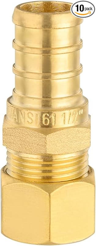 (Pack of 10) EFIELD 1/2" Crimp Pex X 3/8" OD Compression Straight Transition Adapter Brass Fittings, ASTM F1807,(PEX1807377-10PCS)
