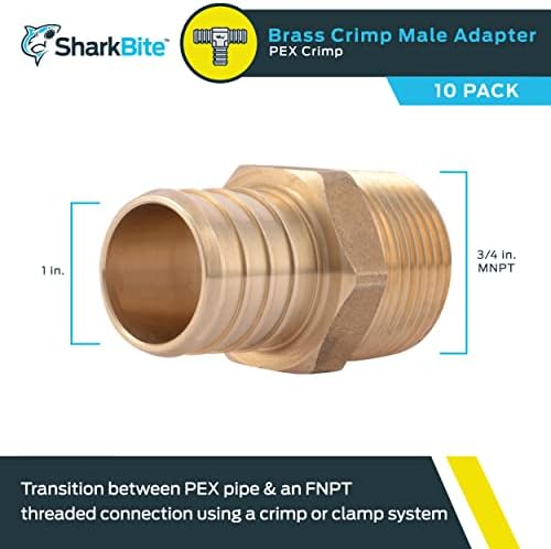 SharkBite Male Adapter, 1 in Crimp PEX x 3/4 in MNPT, Pack of 10, Brass Plumbing Fitting, UC142LF