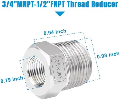 Quickun Stainless Steel Reducing Hex Bushing, 3/4" Male NPT to 1/2" Female NPT, Reducer Bushing Pipe Hose Fitting （Pack of 2）