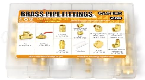 GASHER 48PCS 1/4"NPT Brass Pipe Fittings Kit，Coupling，90 Degree Elbow，45 Degree Elbow，Nipple，Ball Valve，Plug，Tee，4 Way，Reducer Adapter