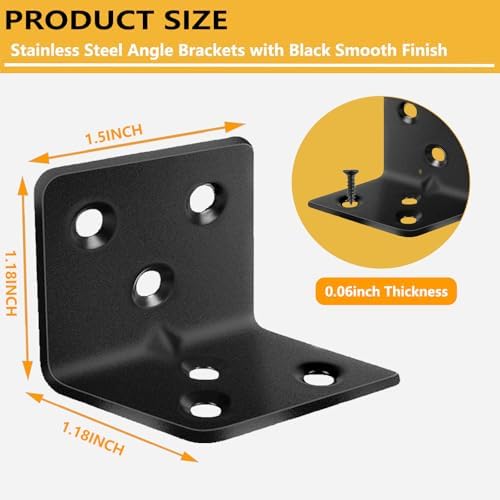 40Pcs 1.2”x1.2”Stainless Steel Black Brackets 1.5”Wide Small Angle Bracket