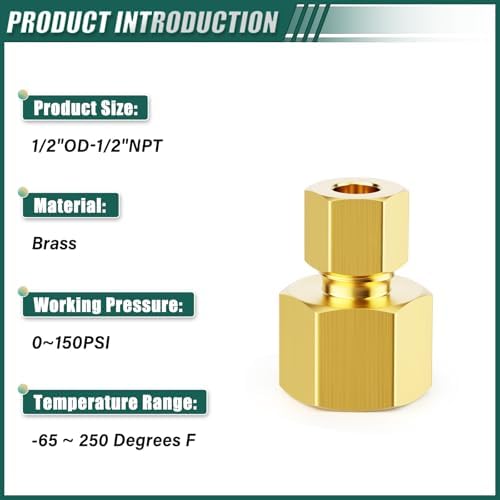 5PCS Brass Compression Tube Fitting, 1/2" OD x 1/2" NPT Female
