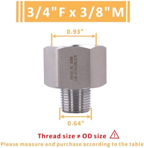 Forged Reducer Adapter Fitting - Stainless Steel 304 Reducing Pipe Connector, 3/4" NPT Female x 3/8" NPT Male (pack of 5)