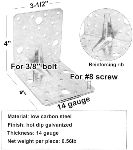 4 Pack 4x4 Galvanized Steel L Angle Bracket for Wood 90 Degree Corner Brace