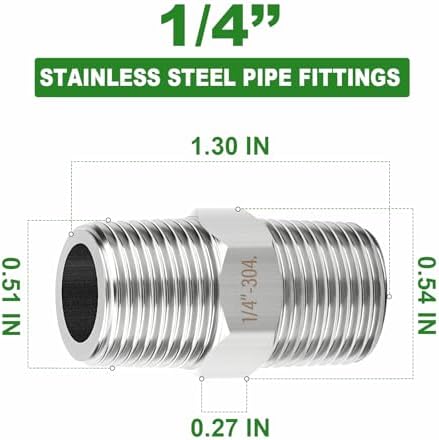 TAISHER 10PCS 304 SS New Hex Nipple, 1/4" NPT Male, Pipe Adapter Fitting