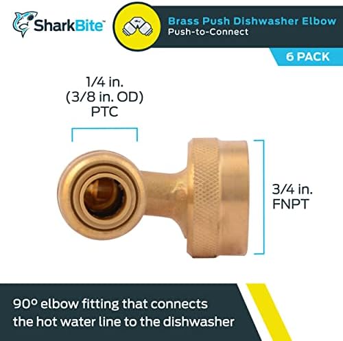 SharkBite 1/4 Inch (3/8 Inch OD) x 3/4 Inch 90 Degree Dishwasher Elbow, Female Thread, Pack of 6, Push to Connect Brass Plumbing Fitting, PEX Pipe, Copper, CPVC, PE-RT, HDPE, U2276LF