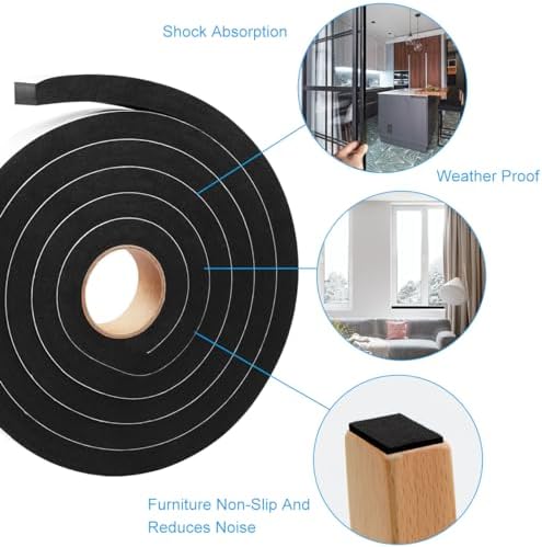 Seal Foam Tape, 2 Rolls 1 Inch W x 1/2 Inch T Weather Stripping for Door and Window,High Density Single Sided Closed Cell Door Insulation Weather Strip, 2 Rolls Total 13FT Black