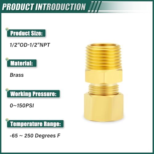 5PCS Brass Compression Tube Fitting, 1/2" OD x 1/2" NPT Male