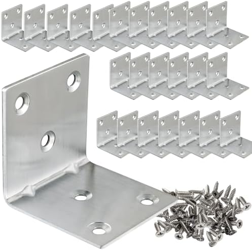 30 Pack Metal Angle Brackets, 2" x 2" Silver Stainless Steel Double Wide Corner Brace, Heavy Duty L Shaped Shelf Bracket 90 Degree Corner Bracket for Wood Furniture Cabinets Shelves
