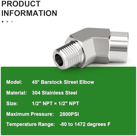 TAISHER 2PCS 304 Stainless Steel 45 Degree Barstock Street Elbow, 1/2" NPT Male x 1/2" NPT Female 304 Stainless Pipe Fitting
