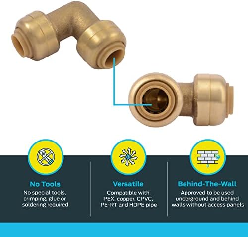SharkBite 1/4 Inch (3/8 Inch OD) 90 Degree Elbow, Pack of 6, Push to Connect Brass Plumbing Fitting, PEX Pipe, Copper, CPVC, PE-RT, HDPE, U244LF