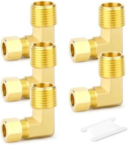 GASHER 5PCS Brass 90 Degree Elbow Compression Tube Pipe Fitting Connector, 5/16" Tube OD x 3/8" NPT Male Connector