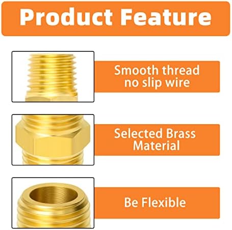 GASHER 5PC Brass Pipe Fitting, Reducing Hex Nipple, 1/2-Inch Male Pipe x 1/2-Inch Male Pipe